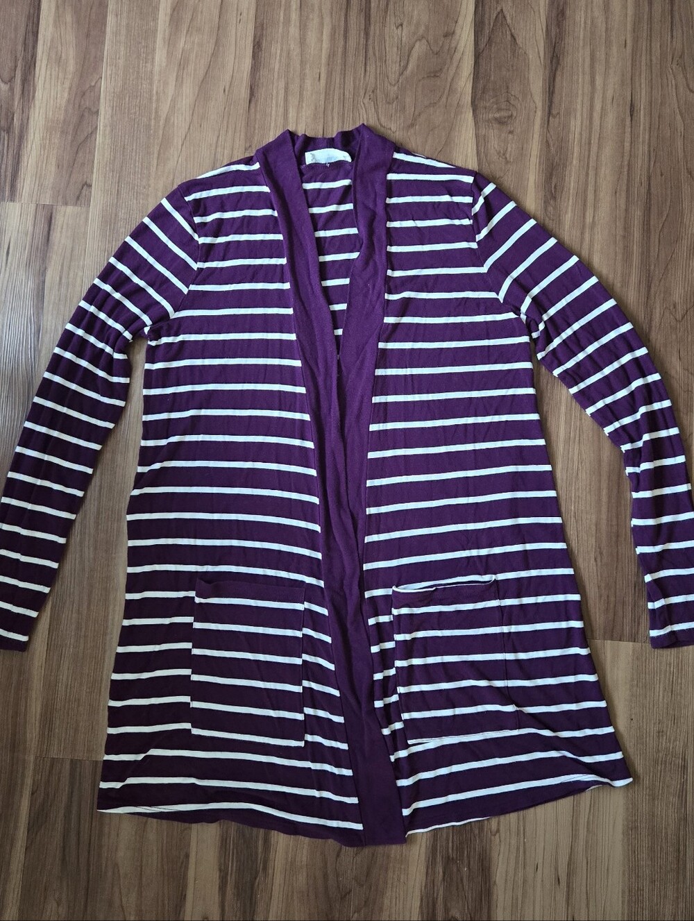 Striped Damson purple & White Open Front Cardigan Fitted Sleeves Sm VGUC